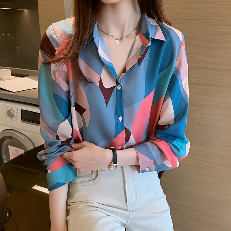 Retro Elegant Chic Print Office Lady All Match Button Up Shirt Fashion Commute Long Sleeve Slim Tops Blouses for Women Clothing