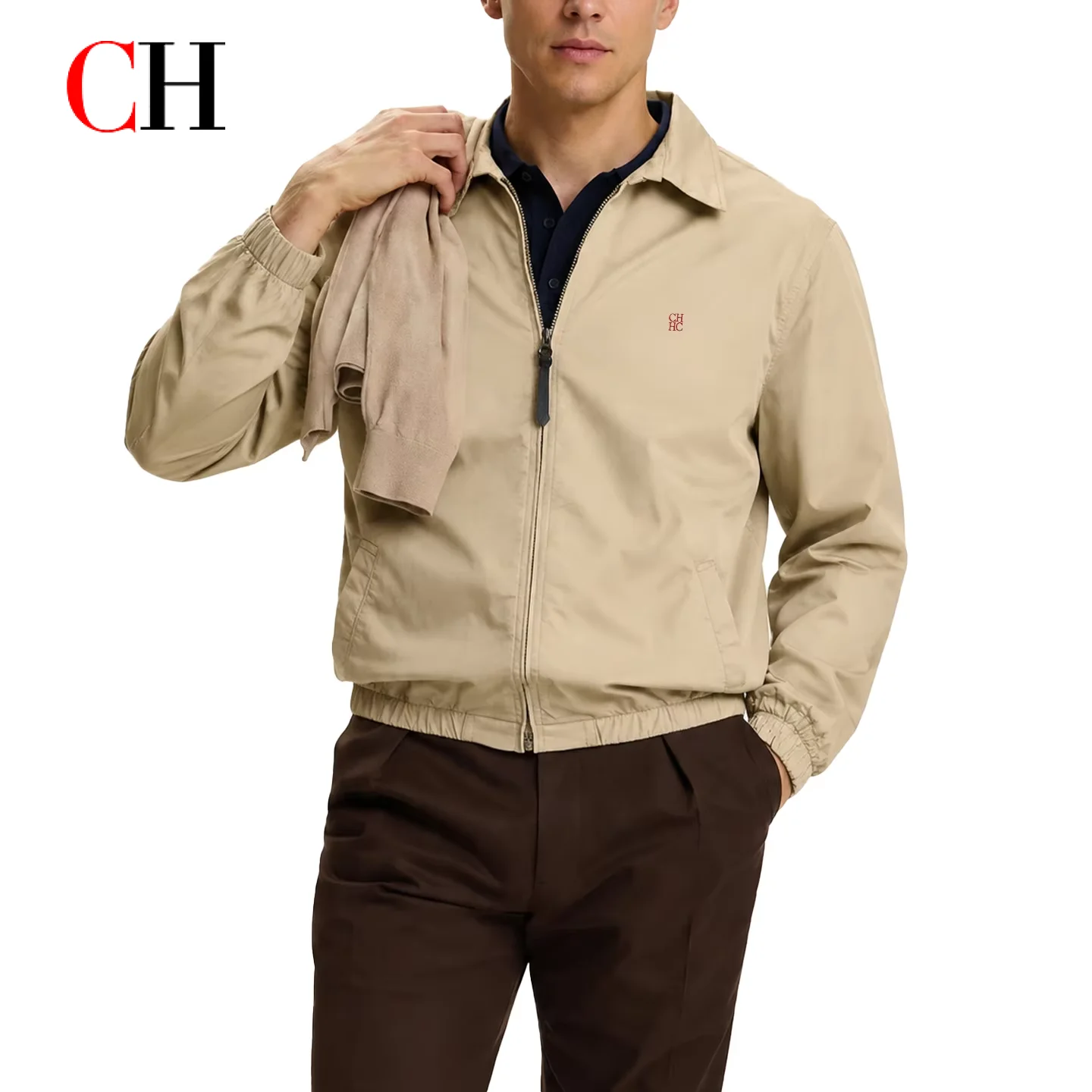 CH Logo Embroidered Premium Harrington Jacket Men Point Collar Full Zip Long Sleeve Windproof Casual Daily Office Tops