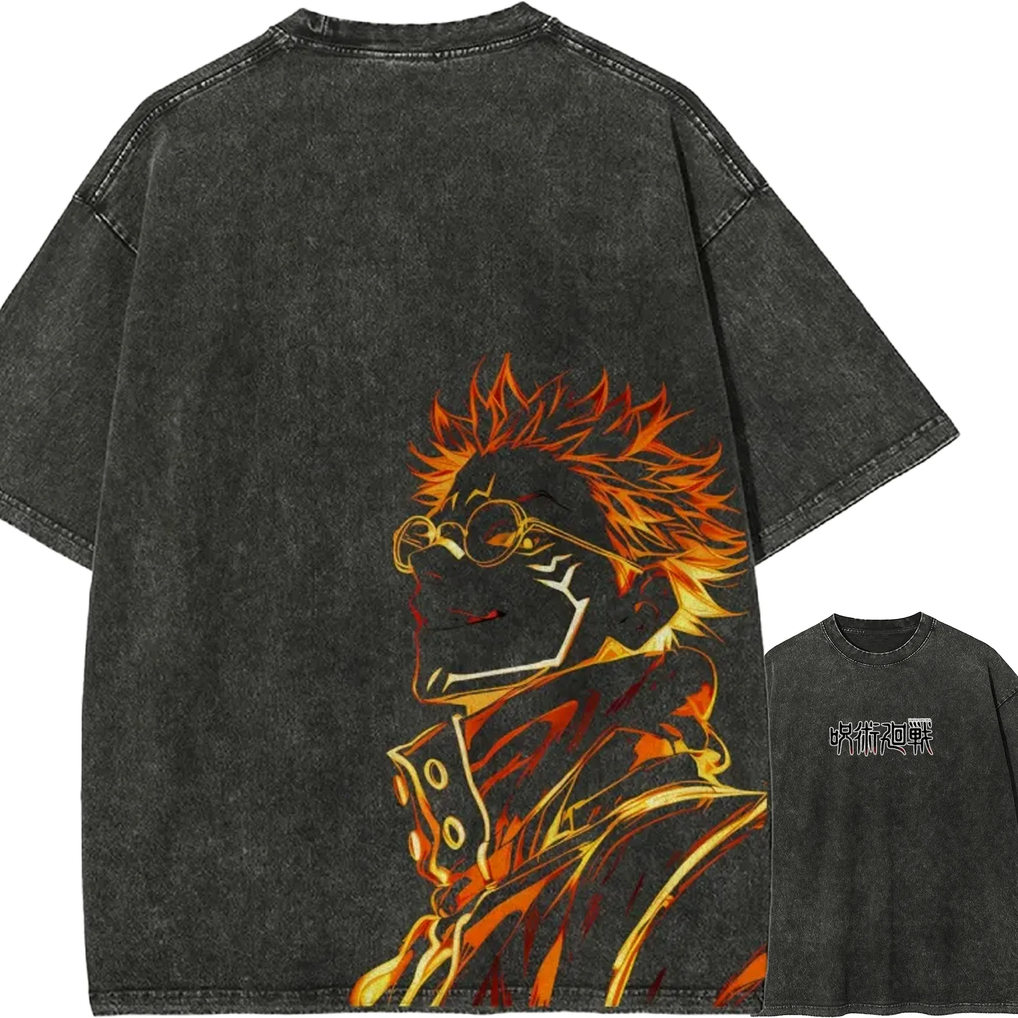 Ryomen Sukuna T-Shirt Jujutsu Kaisen Herren Acid Wash Sukuna Feuer-Umriss Neon Orange König der Fluchten Anime Tee