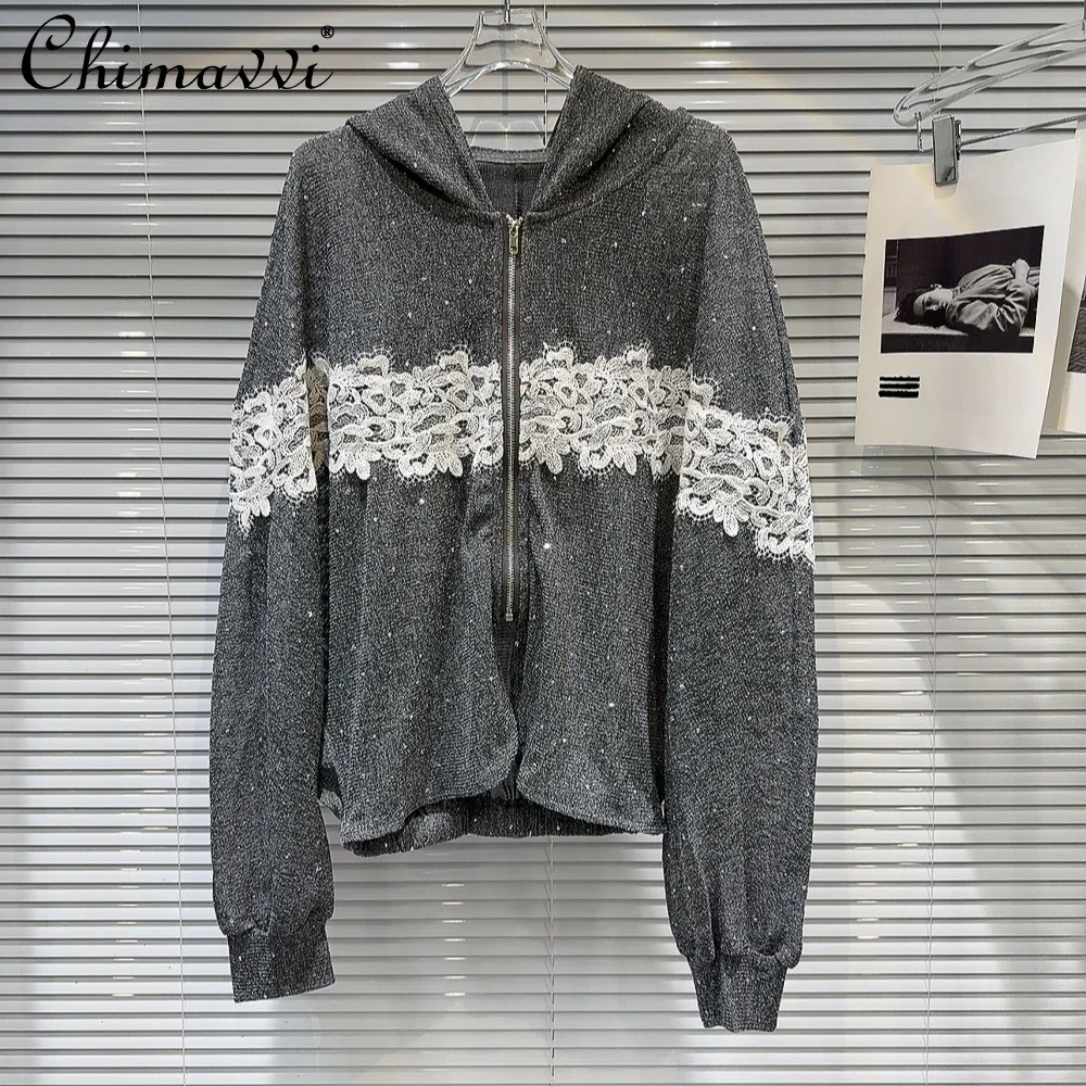 

2024 Autumn New Fashion Lace Splicing Design Hot Diamond Loose Hooded Sweatshirt Long Sleeve Loose Casual Women Hoodies Coat