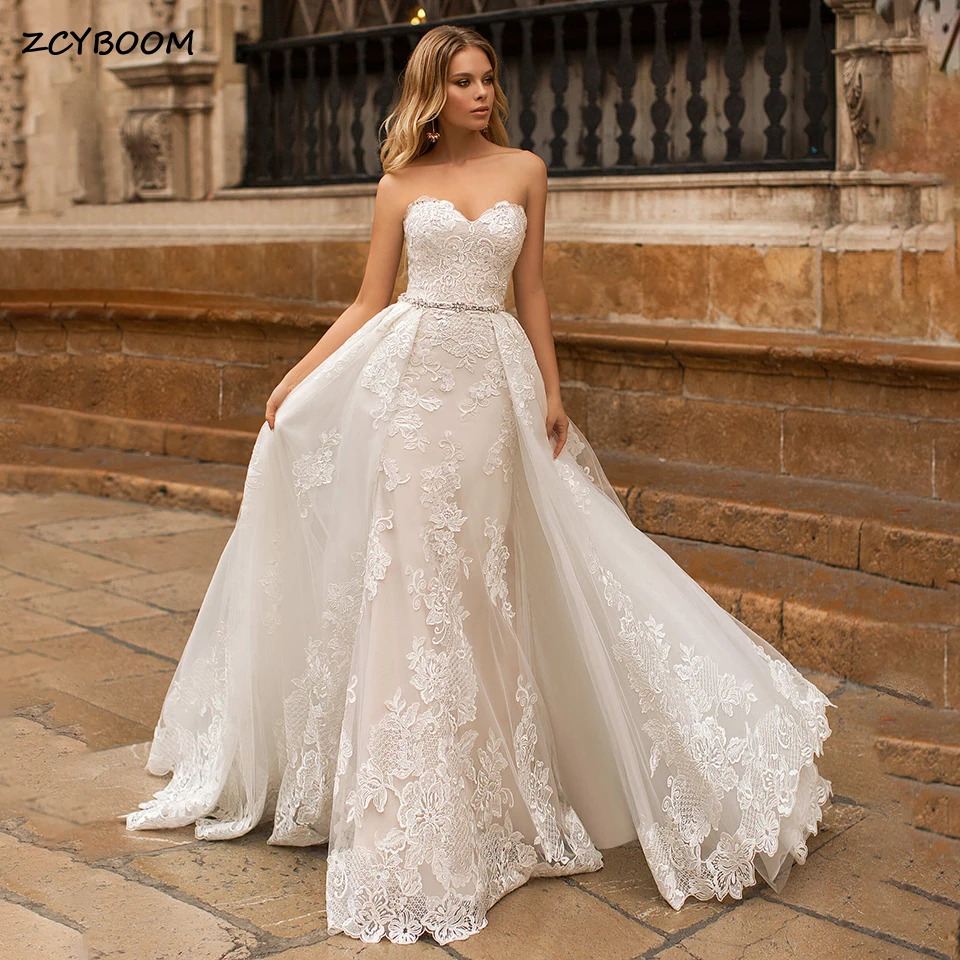 Elegante Zeemeermin 2 In 1 Afneembare Trein Sweetheart Trouwjurken 2025 Strapless Applicaties Kralen Bruidsjurken Vestido De Novia