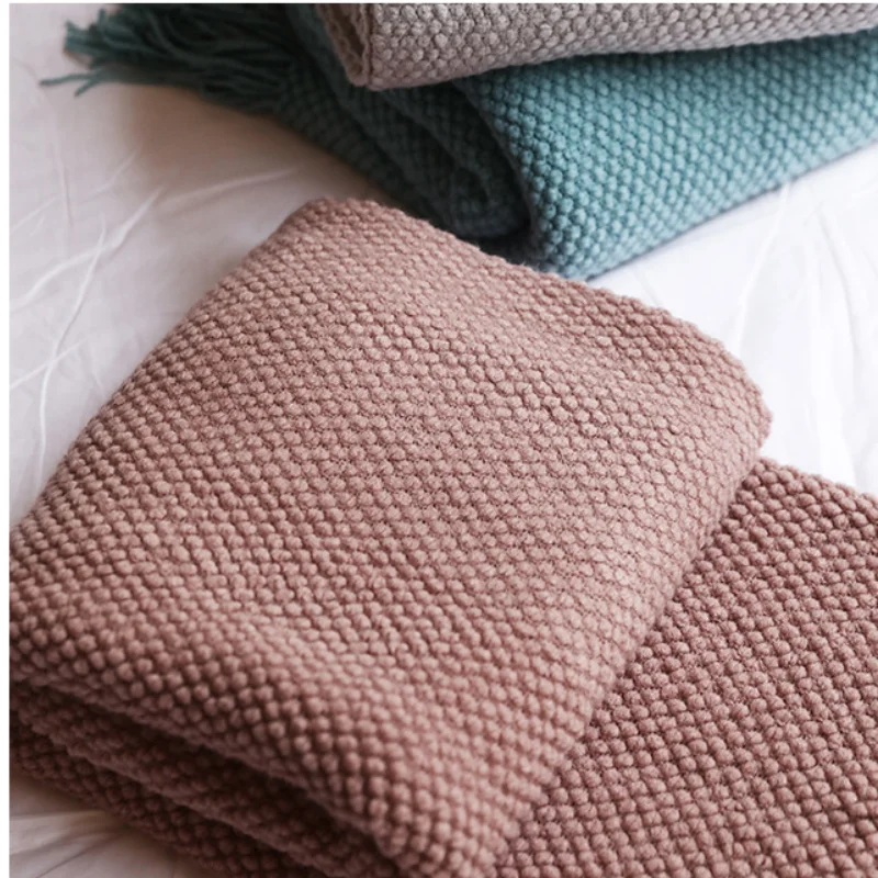 Textile City Home Decorative Thickened Knitted Blanket Corn Grain Waffle Embossed Winter Warm Tassels Throw Bedspread 130x240cm