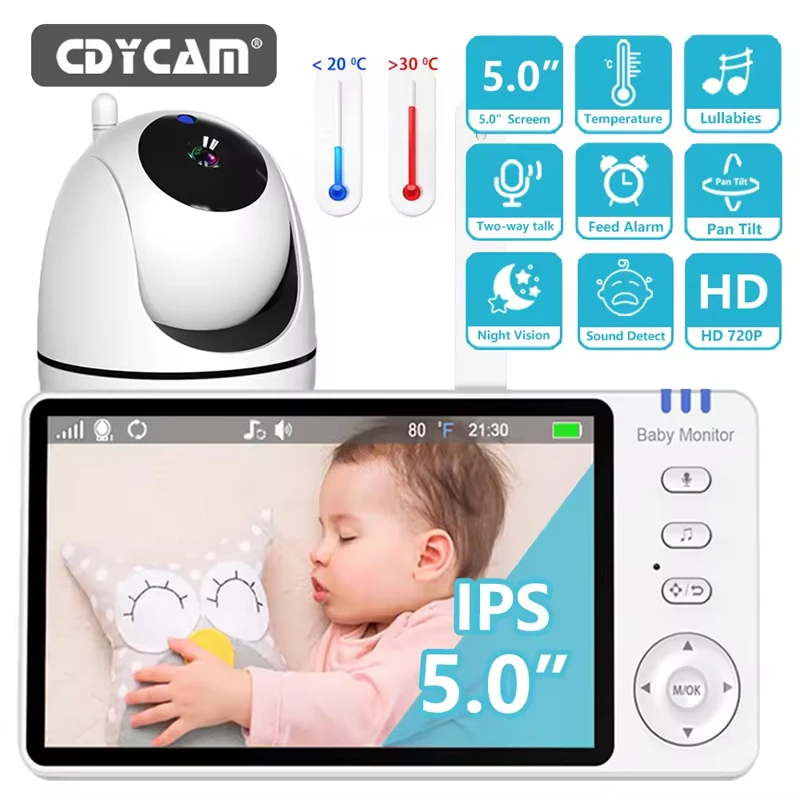 

5.0 Inch Video Baby Monitor With Pan Tilt Camera Wireless Two Way Audio Night Vision Security Babysitter VOX Wake Up USB Charge