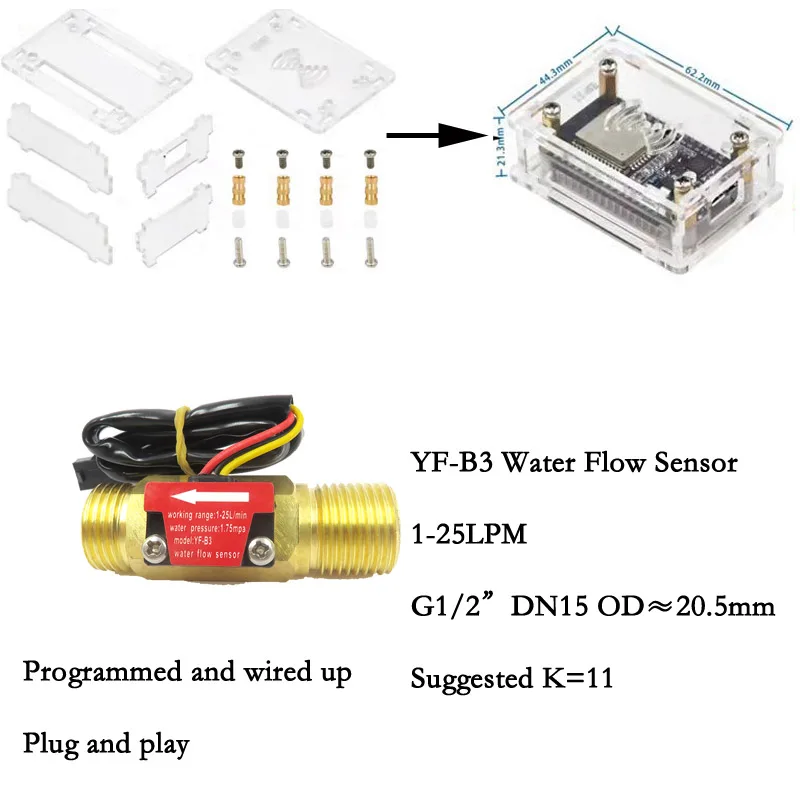 Kit de Medição de Fluxo com Sensor de Fluxo de Água Turbina Vários Tamanhos Stock Home Assistant Esp32 Esphome