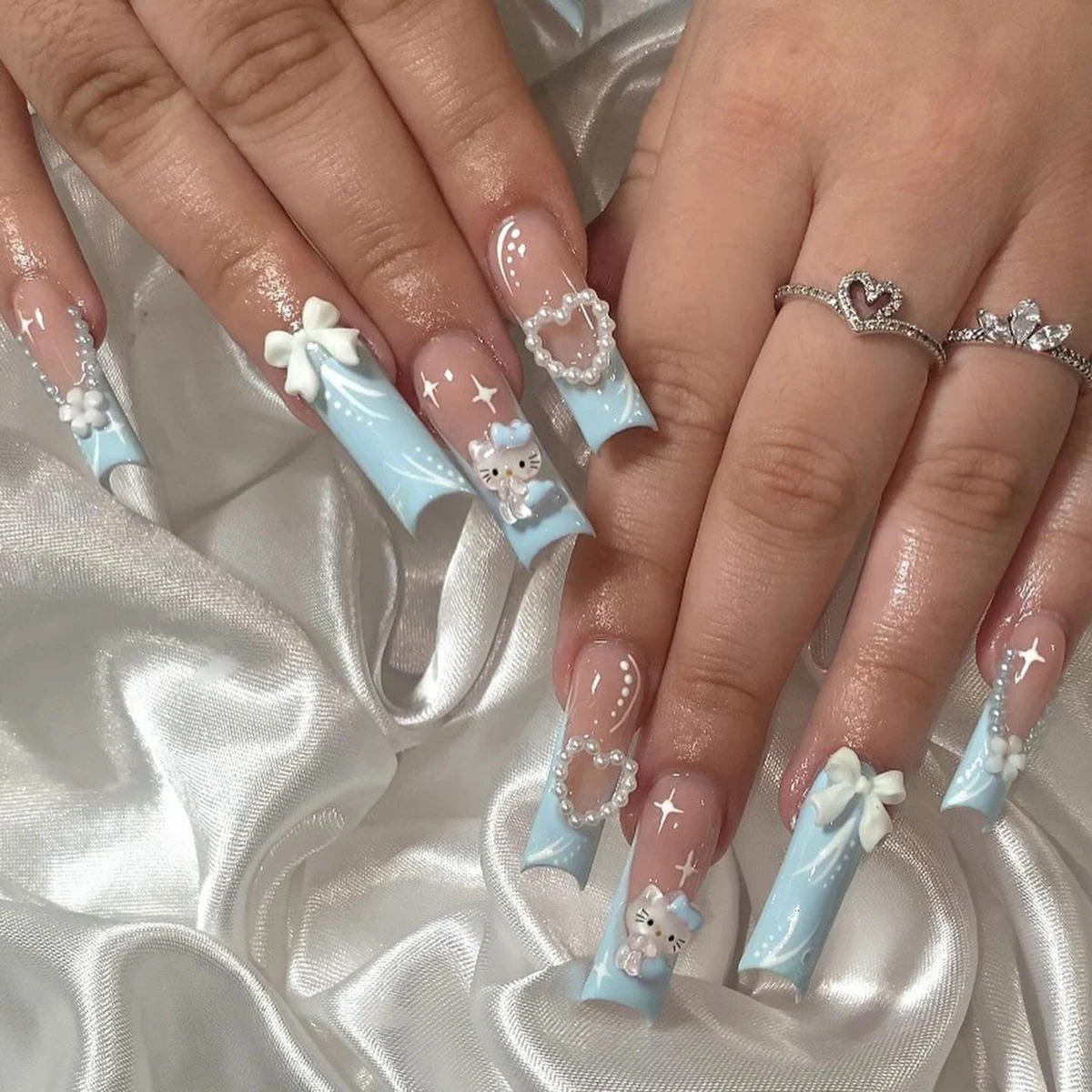 

24 long coffin armour blue French Sanrio cute Hello Kitty drill 3d white pearl drill white bow drill white flower drill wear