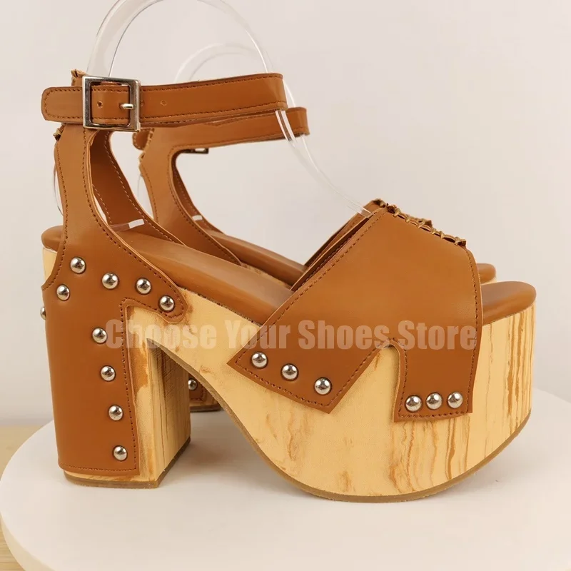 

Rivets Design Brown Wooden Heel Platform Sandals Buckle Strap Women Shoes Chunky High Heels Party Feast 2025 Zapatos Para Mujere