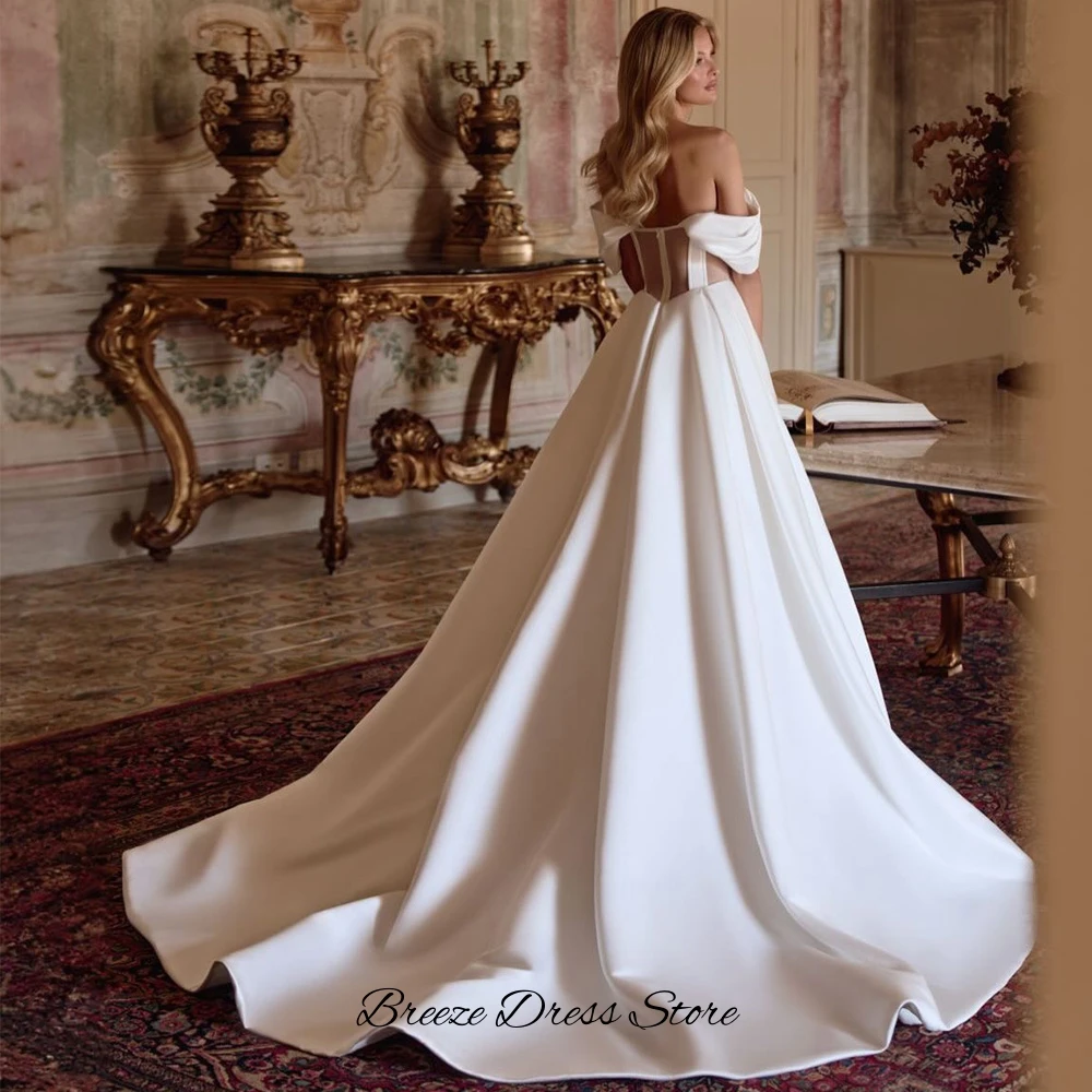 

Fashion A-Line Off the Shoulder Wedding Dress Elegant Satin Ruched Vestido De Novia with Pockets Customized Beading Bridal Gowns