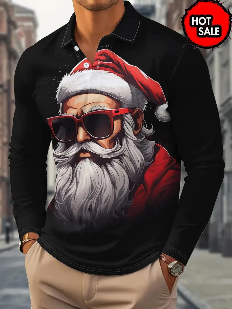 

Autumn Christmas Santa Claus Casual Men's Button Up Long Sleeve Polo Shirt X'max Theme Turn-down Collar Buttoned Men Clothing