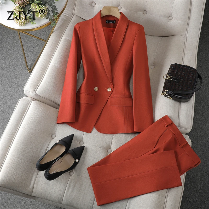

ZJYT Spring Lady Formal Blazer Suit Set 2 Piece Woman Elegant New Outfit Pants Sets Jacket and Trousers Office Wear Plus Size
