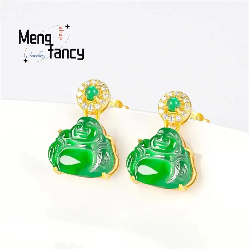 

High-grade Natural A-goods Jadeite Yang Green Maitreya Buddha Earrings S925 Silver Inlay Exquisite Luxury Charms Fashion Jewelry