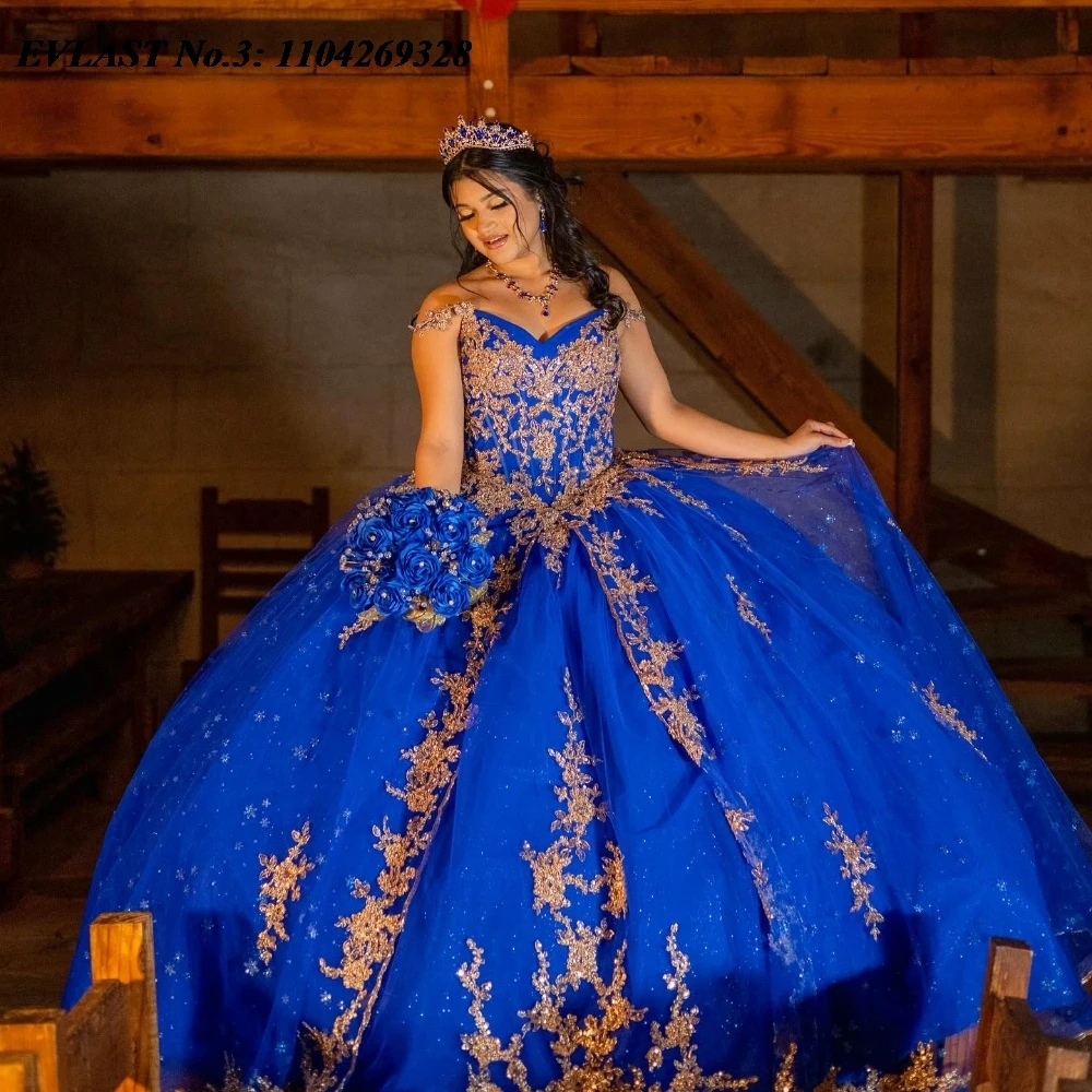 EVLAST индивидуальное королевское синее платье Quinceanera, бальное платье, золотое кружевное платье с аппликацией и бисером, милое платье 16, Vestidos De 15 Anos E3Q554