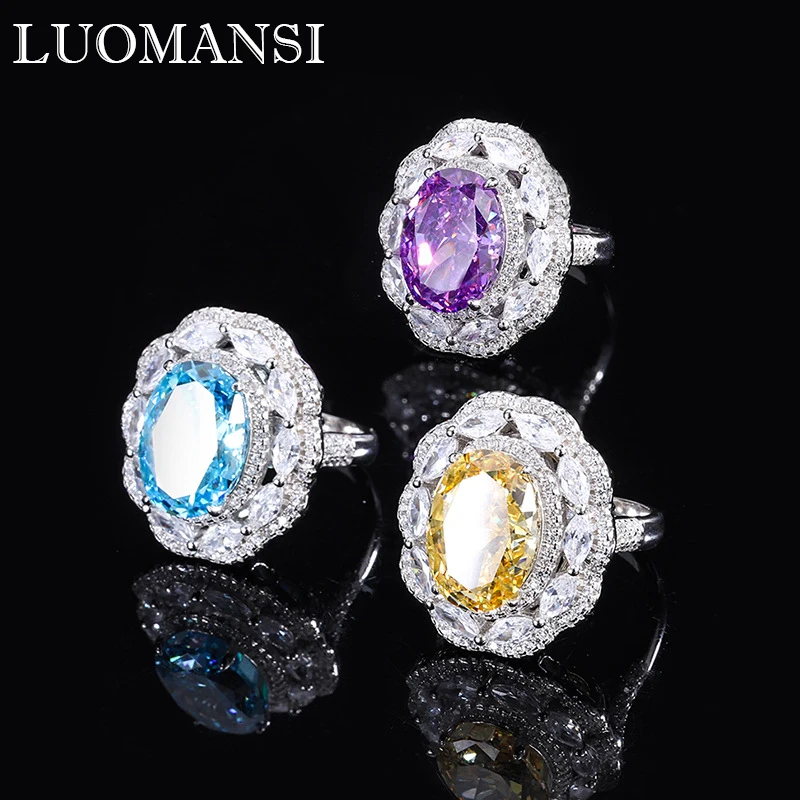 

Luomansi 8*12MM Purple/Yellow Egg Shape High Carbon Diamond Ring 100%-S925 Silver Women's Jewelry Wedding Party Crystal Gift