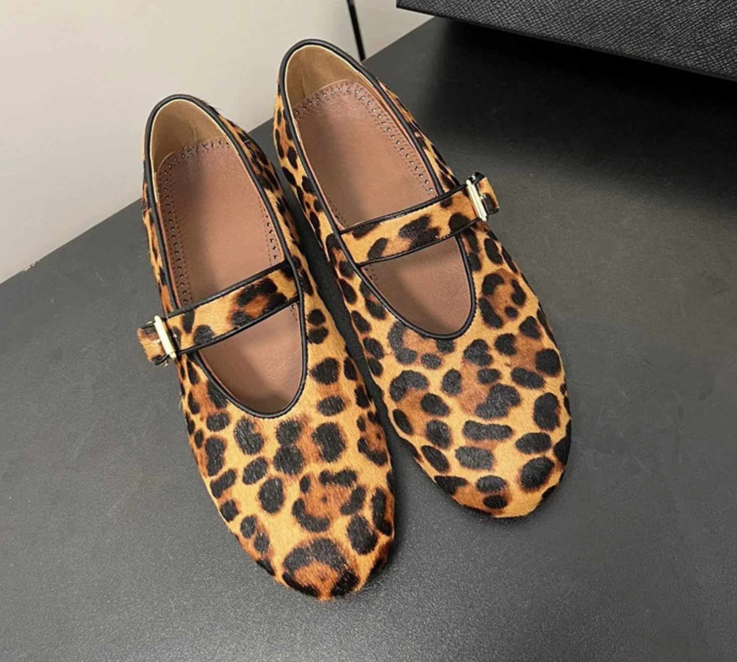 Ladies' ballet flat shoes horse hair leopard print Mary Jane single shoes loafers leather strap buckle women's shoes