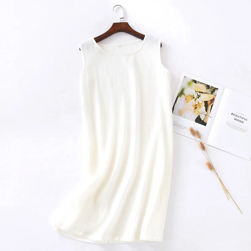 New summer ladies cotton crepe cloth nightdress sleeveless dress solid color plus size loose vest skirt furniture skirt women