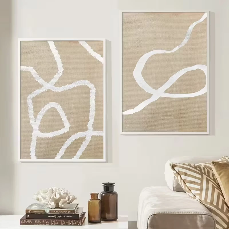

2pcs Valentine's Day Abstract White Line Bohemian Beige Poster Wall Art Canvas Painting Printed Pictures Living Room Home Decor