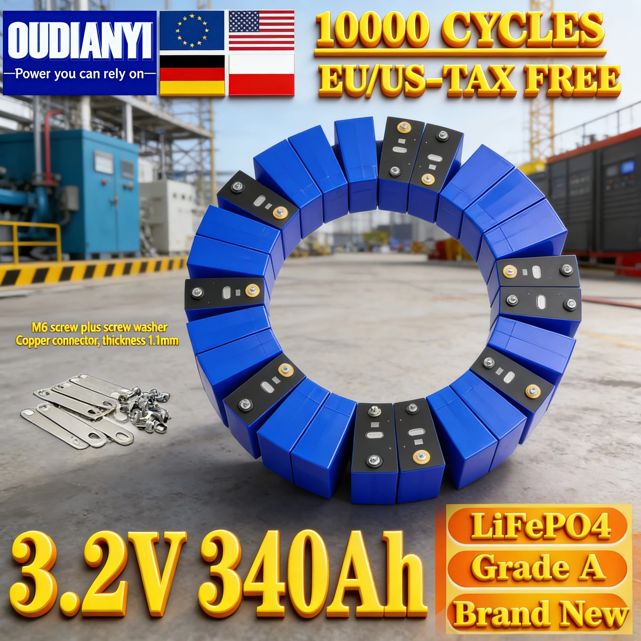 

340Ah Lifepo4 Cell 3.2V Class A - 10000 Cycles Rechargeable, DIY 12V 24V 48V for Solar Camping EV RV Ship Golf Cart, New Tax-Fre