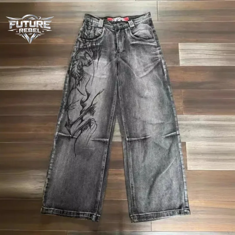 

Unisex Jeans Y2K Vintage Streetwear Black Gray Wide Leg Denim Pants Abstract Print Washed Distressed Loose Fit Dark Punk Fashion