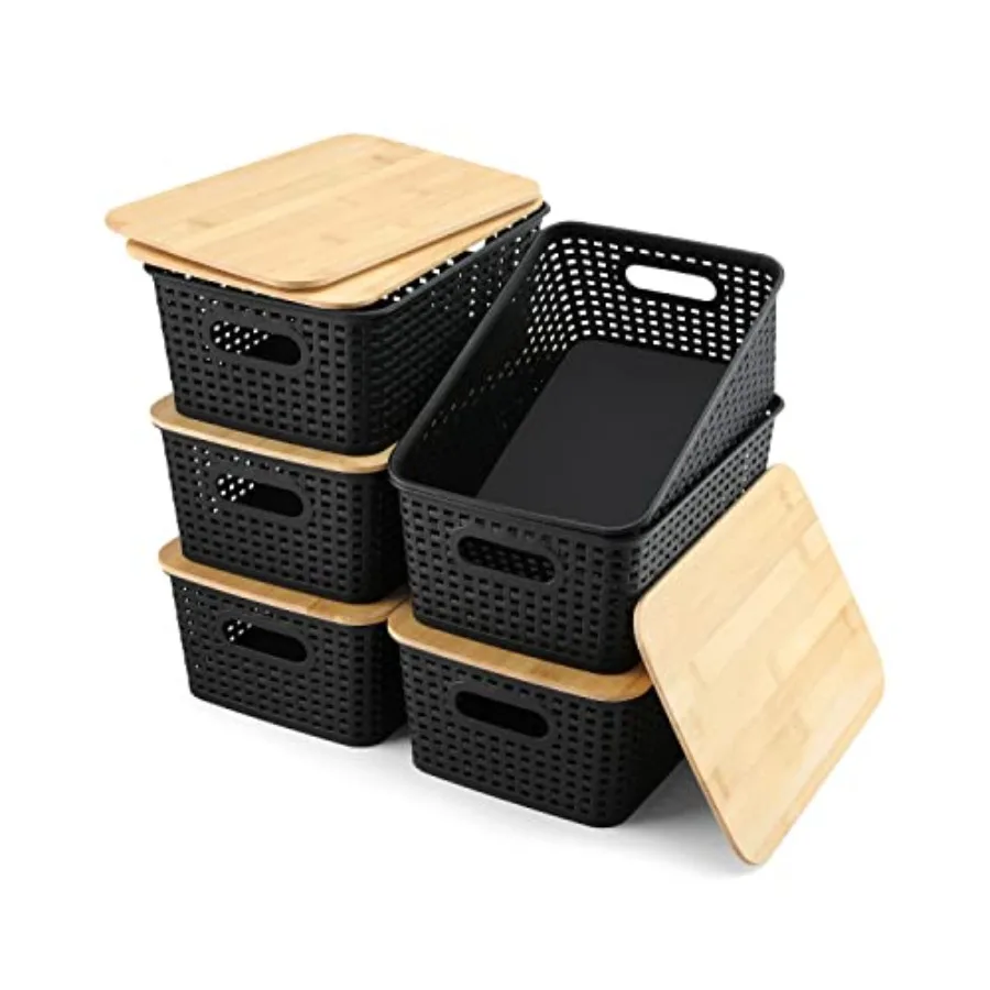 

Storage Bins with Bamboo Lids Set of 6 Lidded Storage Container Plastic Baskets Organizer Bins for Organizing Kithen Room Bedro