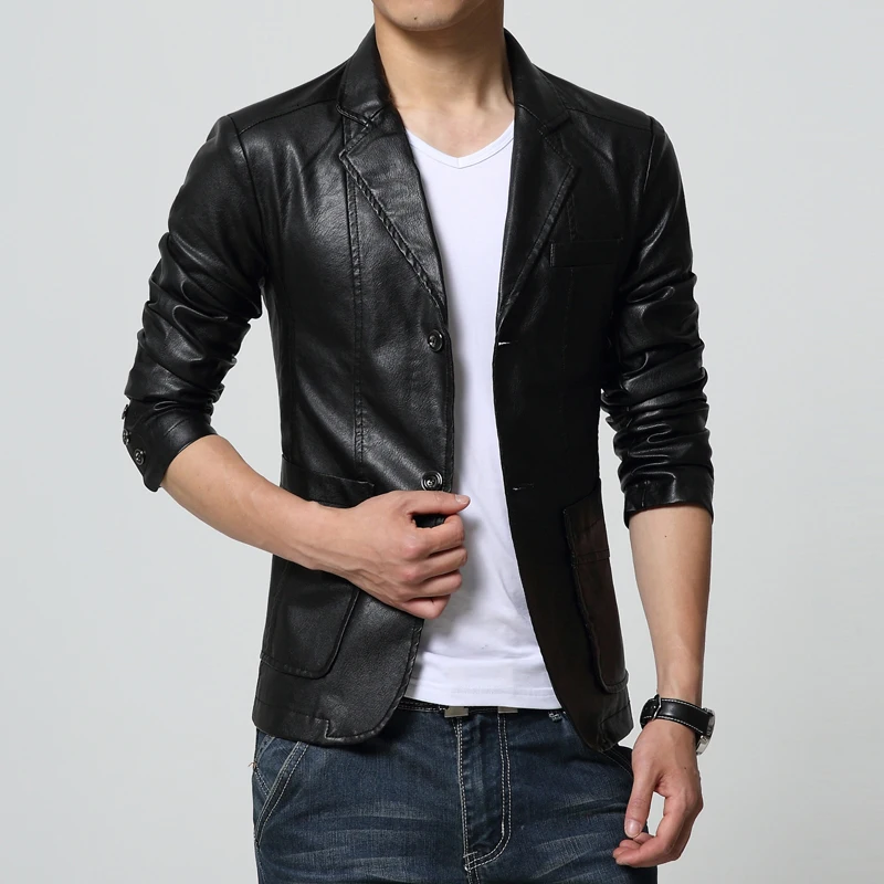 2023 Fashion New Men\'s Casual Boutique Suit Leather Jacket / Male Solid Color Business Collar PU Blazers Long Sleeve Dress Coat