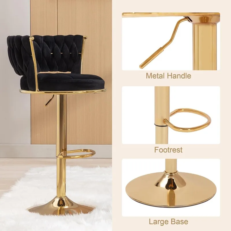 Adjustable Bar Stool Height Stool with Back and Armrests Woven Kitchen Island Stool with Metal Legs and Base 360° Swivel Chair