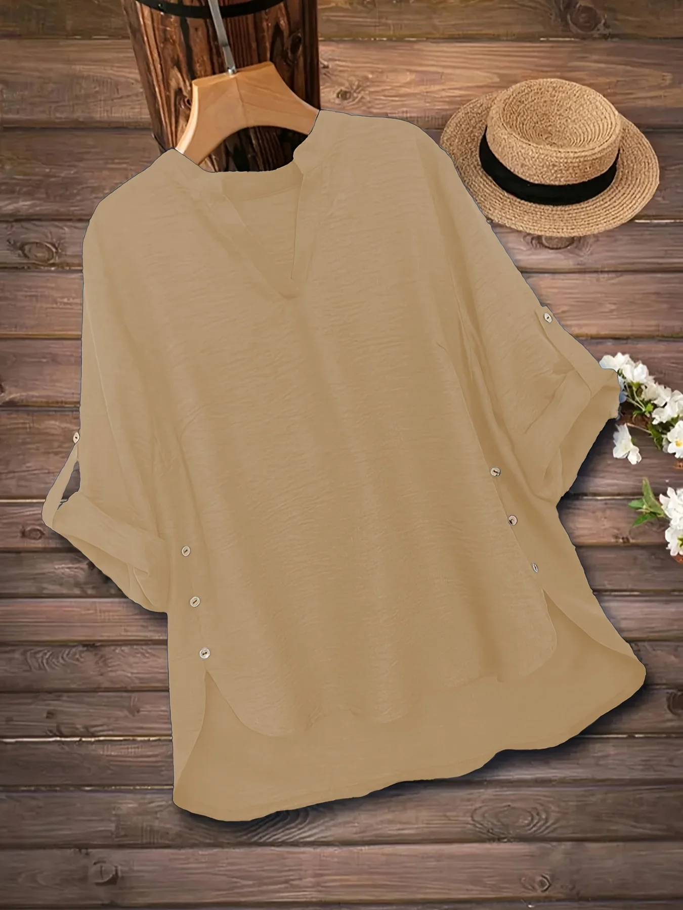 Elegantes Plus-Size Damen-Tunika-Oberteil mit Knopfleiste für mühelosen Stil und ganztägigen Komfort – Detail 15