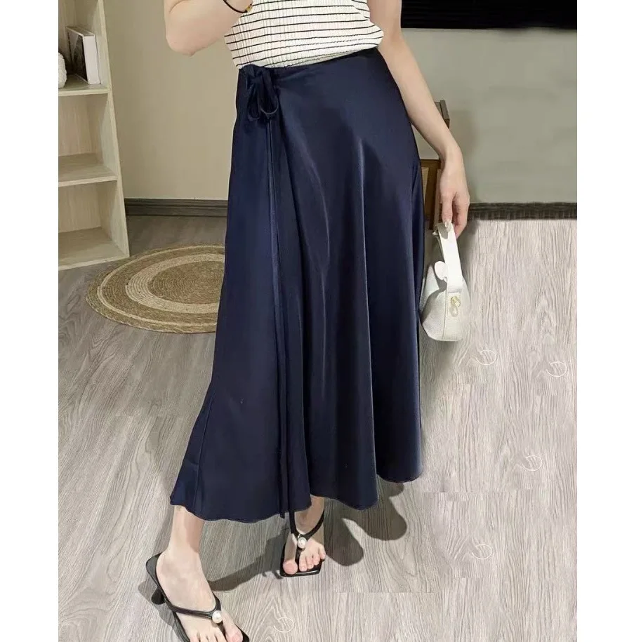 Dave&di Skirt Woman Clothing Faldas Skirts Solid Color High Waisted Lace Up Slim Fit Acetate Large Swing Skirt Half Skirt