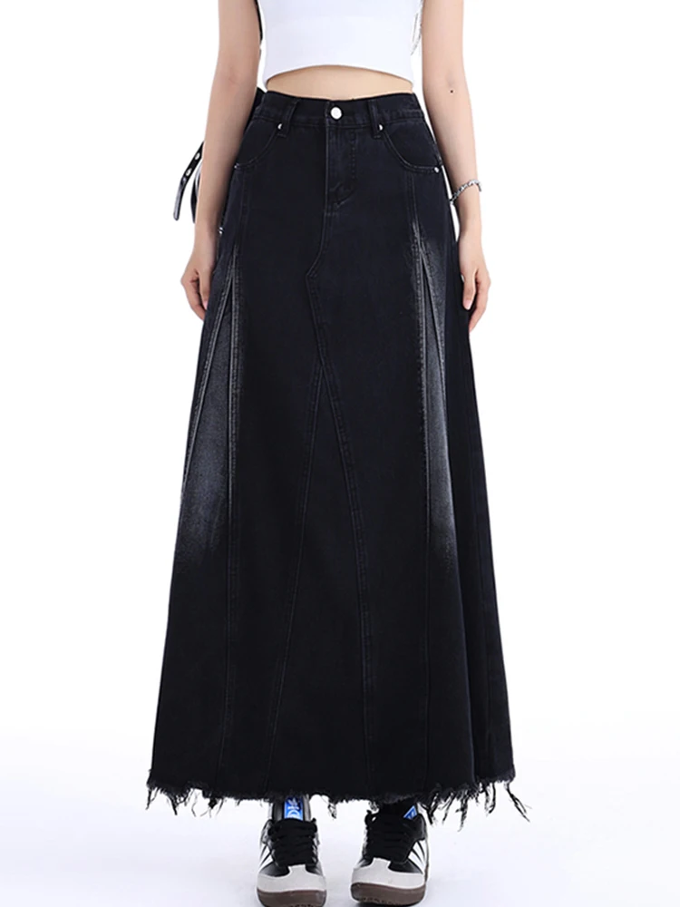 

Casual High Waisted Denim A-Line Raw Edge Skirt 2024 New Korean Fashion Women'S Clothing