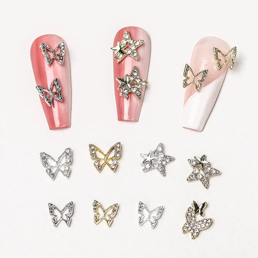 Oco Pentagram Star Butterfly Nail Art Charms, cristais brilhantes, Diamante Nails Decorações, Liga 3D, Acessórios de luxo, 10pcs