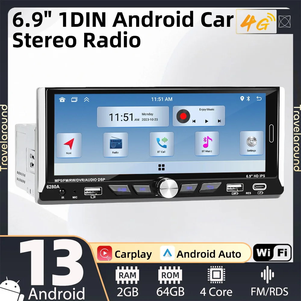 

6.9" Android Car Multimedia Player 1Din Radio Car Stereo Head Unit Wireless Carplay Autoradio GPS Navigation WIFI Android Auto