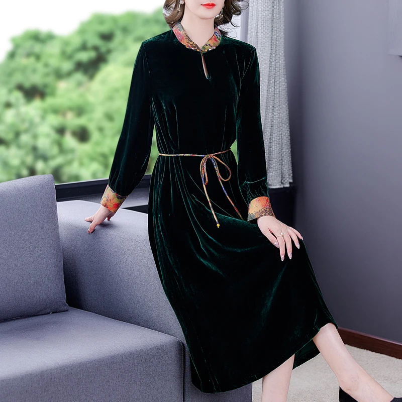 

Autumn Fashion Silk Velvet Dress for Women 2023 New Luxury Knee Length Dress French Loose Fit Casual Vacation Vestidos