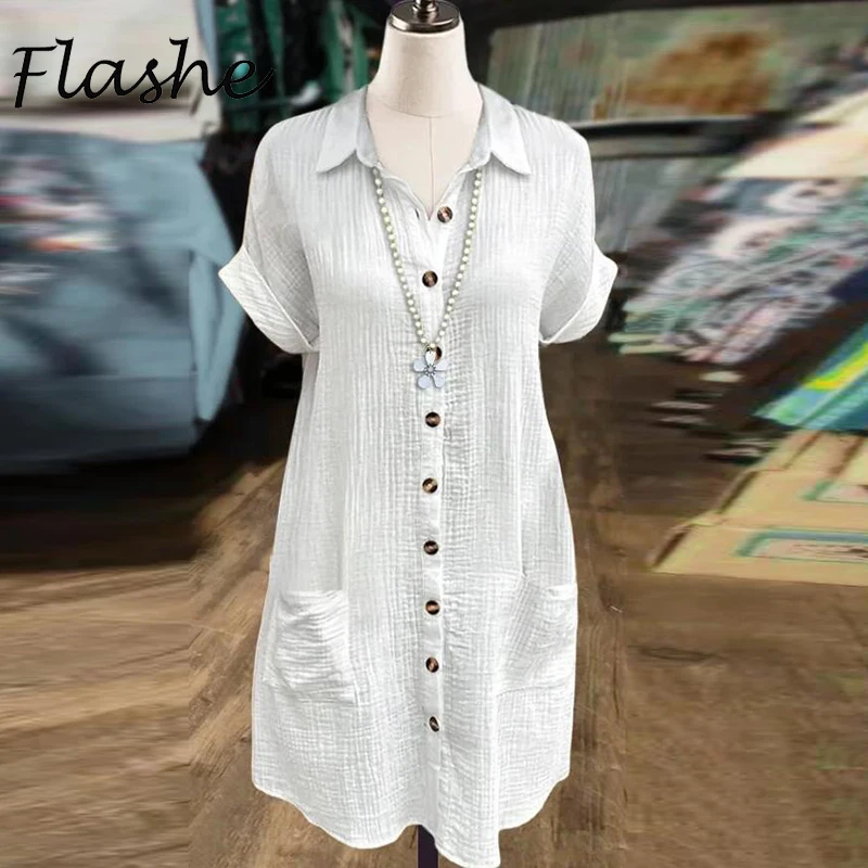 

Elegant Summer Dresses For Women Casual Turn Down Collar Short Sleeve Shirt Dress Women Solid Button Party Short dresses