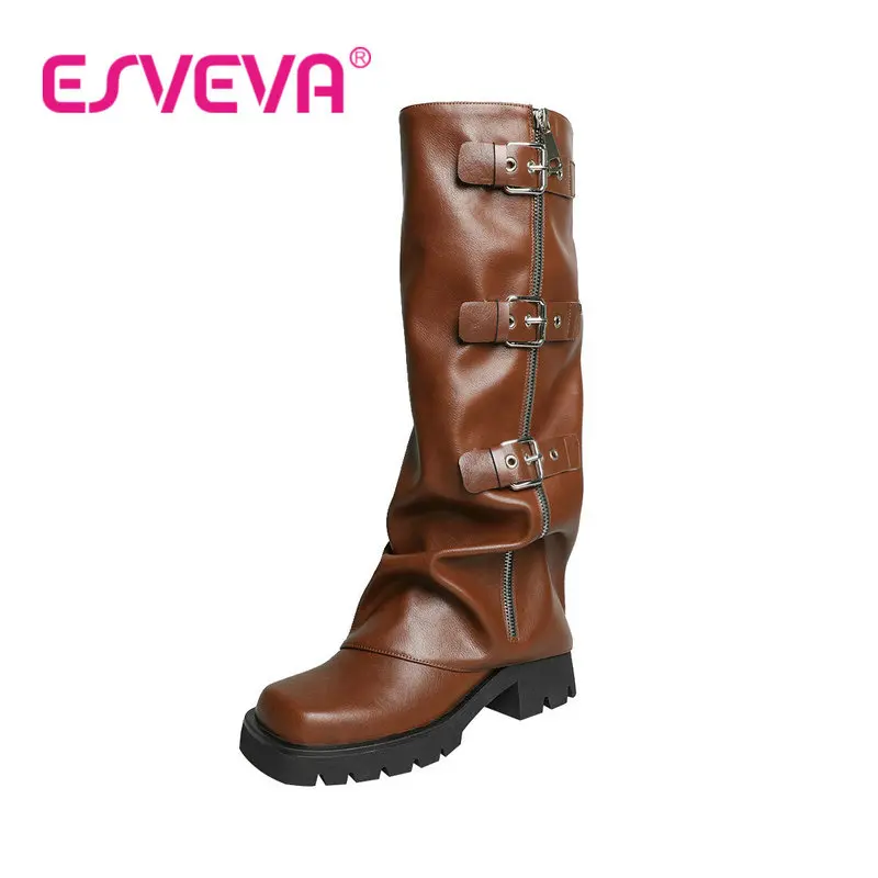 

ESVEVA 2023 Western Style Punk Women Mid Calf Boot Zipper Split Leather Square Toe Vintage Style Nobility Style Shoes Size 34-39