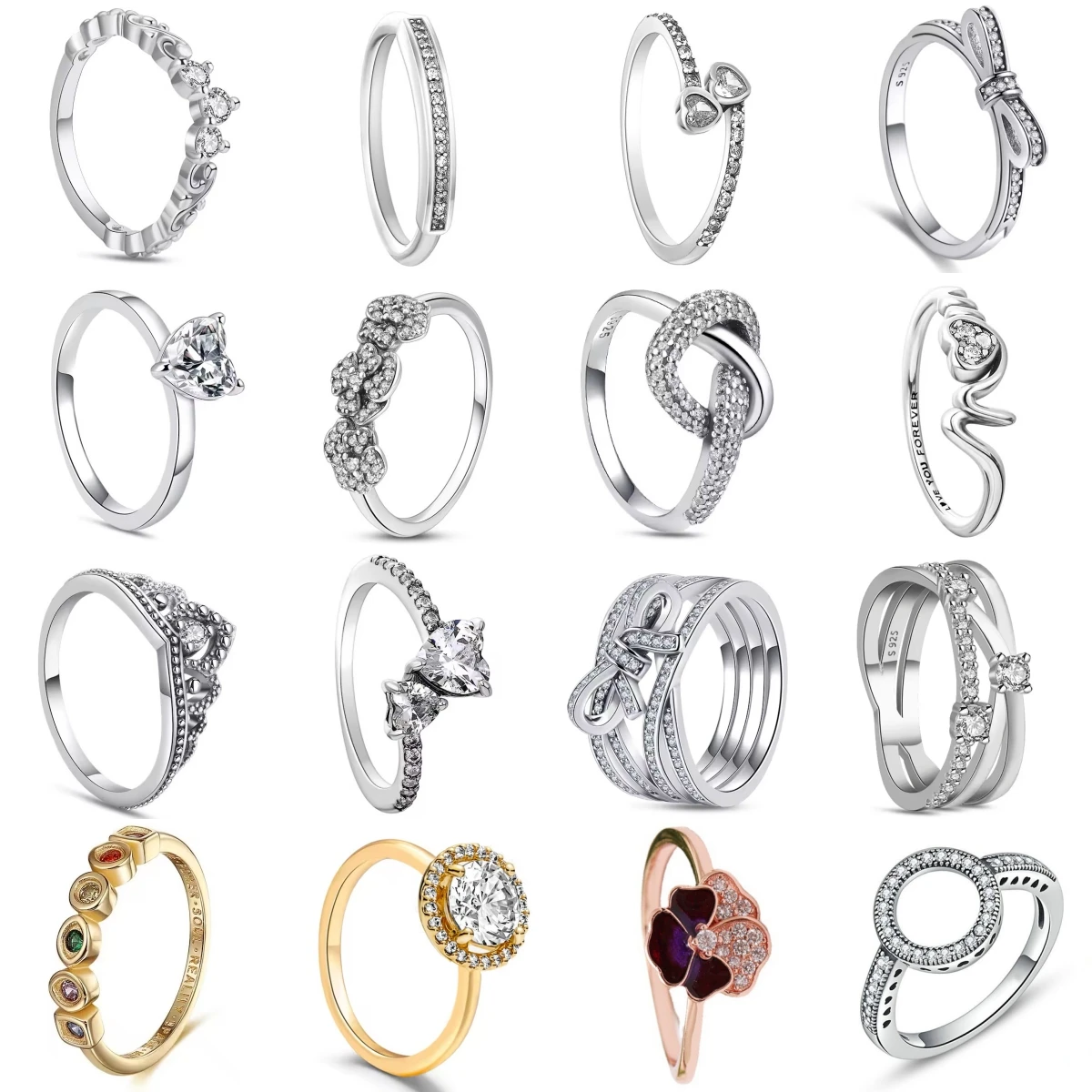 

S925 Sterling Silver Ring For Women, Bow Heart Crown Zirconia Design Cubic Zircon Stackable Band Jewelry Valentine's Day Gift