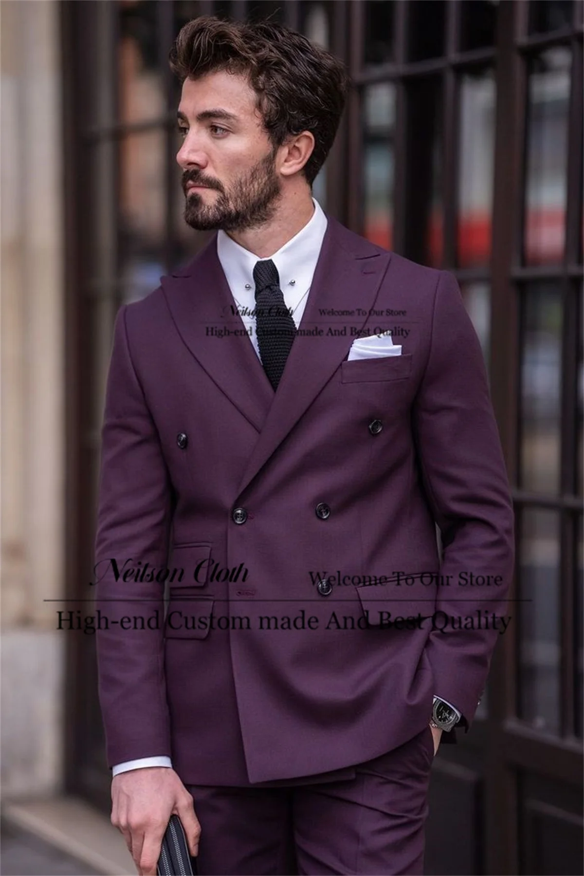 

Purple Double Breasted Male Prom Blazers 2 Pieces Sets Peaked Lapel Groom Wedding Tuxedos Groomsmen Customized Costume Homme