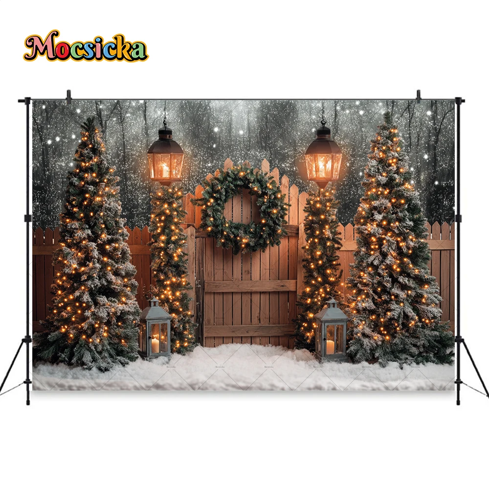 Christmas Tree Night Background Photography Rustic Wooden Fence Xmas Tree Lantern Backdrop Winter Kids Snowy Scene Photo Studio