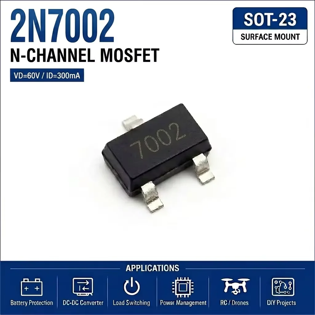 (100 pcs) 2N7002 SOT-23 (Marking 702/7002) - N-Channel MOSFET 60V 115mA 3Ω