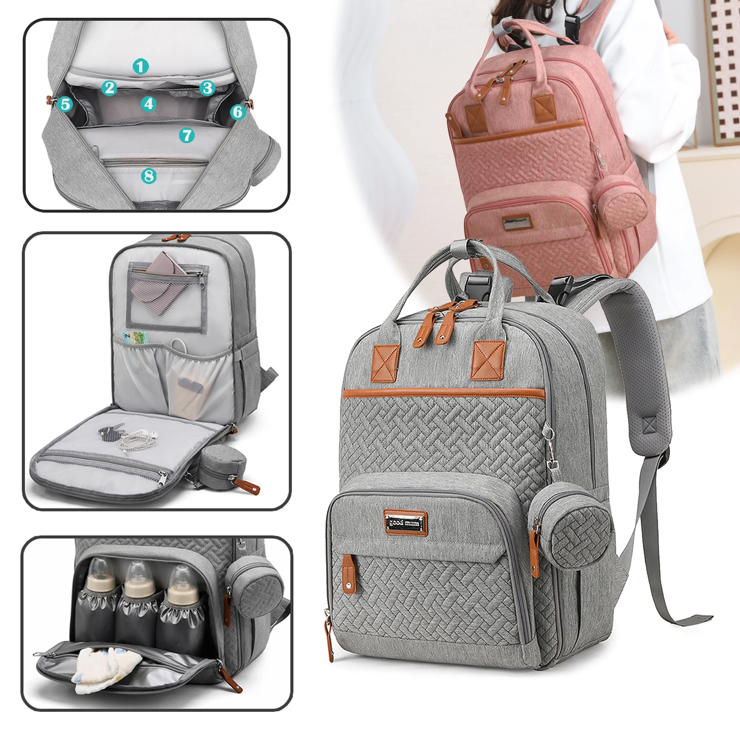 

Diaper Bag Backpack, Nappy Changing Bags Multifunction Travel Back Pack with Stroller Straps & Pacifier Case, Unisex and Stylish