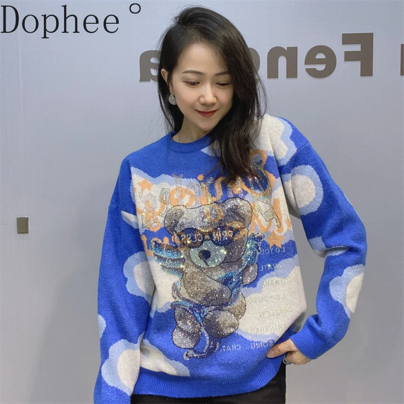 Colorblock Cloud O-neck Pullover Women Sweater Top All-match Autumn Winter Cartoon Hot Driilling Casual Knitted Sweaters Loose