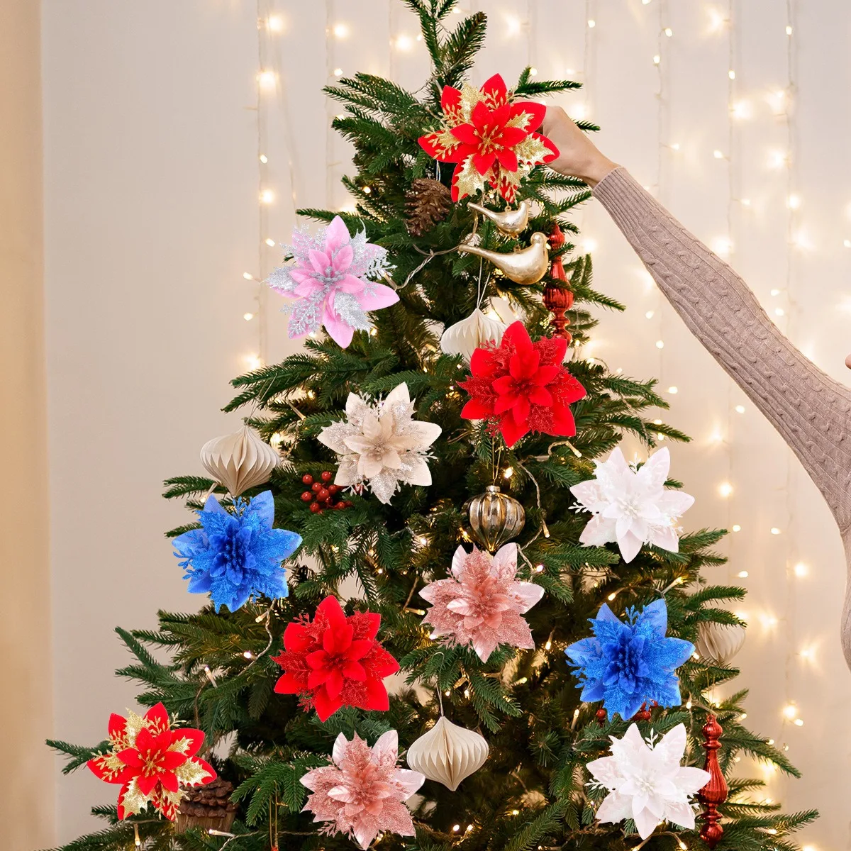 5/10Pcs 14.5cm Christmas Decoration Artifical Flower Ornaments Pink Red Gold Glitter Fake Flowers For Xmas Tree Home Decor image 5