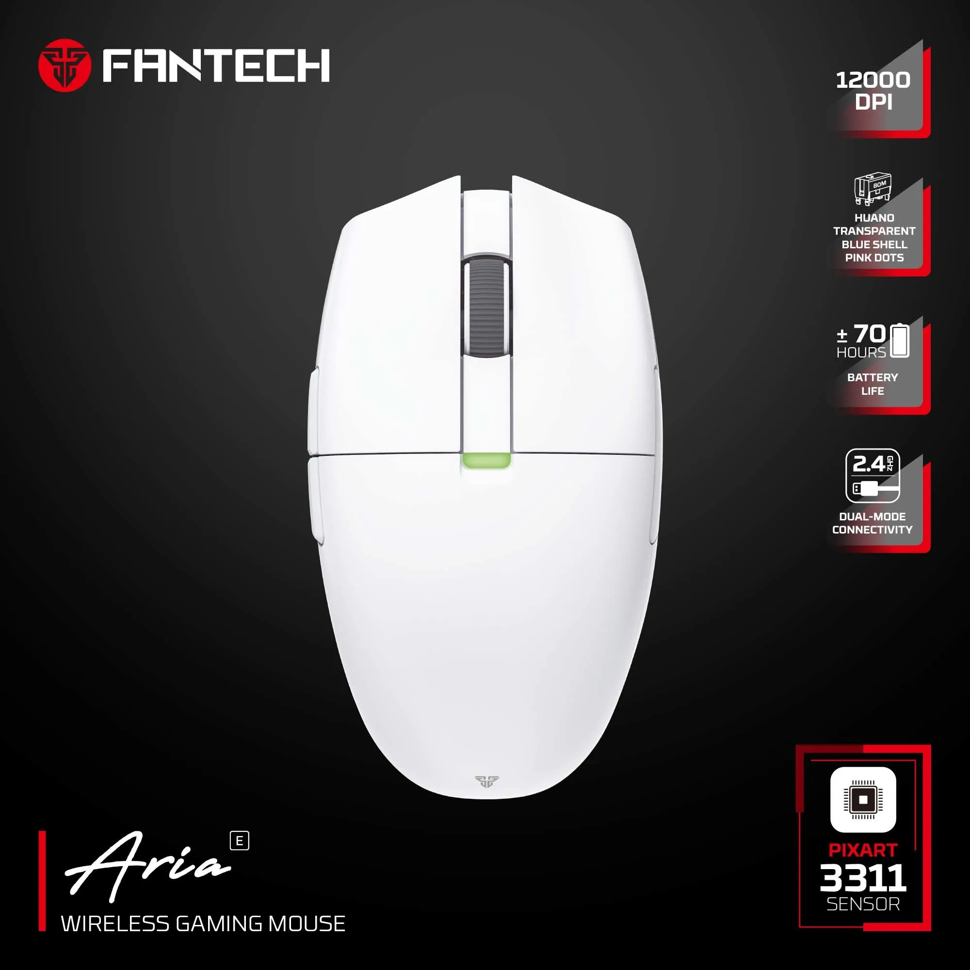 Mouse Gamer Sem Fio FANTECH Aria E XD7E PAW3311 1000Hz 70 Horas de Uso 12000DPI Modo Duplo Mouse Ergonômico Sem Fio