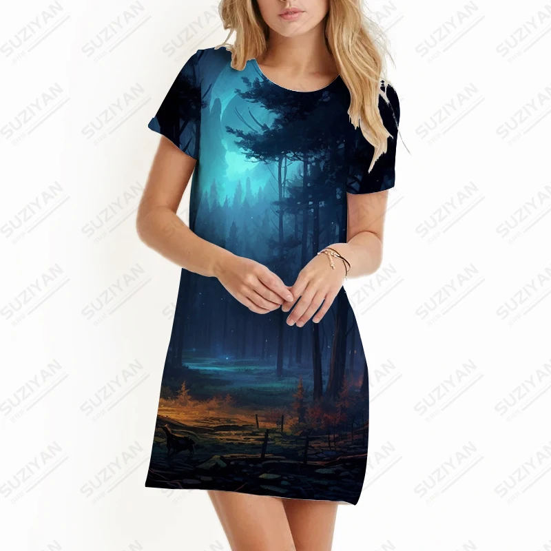 Robe de vacances à manches courtes pour femmes, robe de soirée simple, forêt nocturne, impression 3D, mode de loisirs, basique