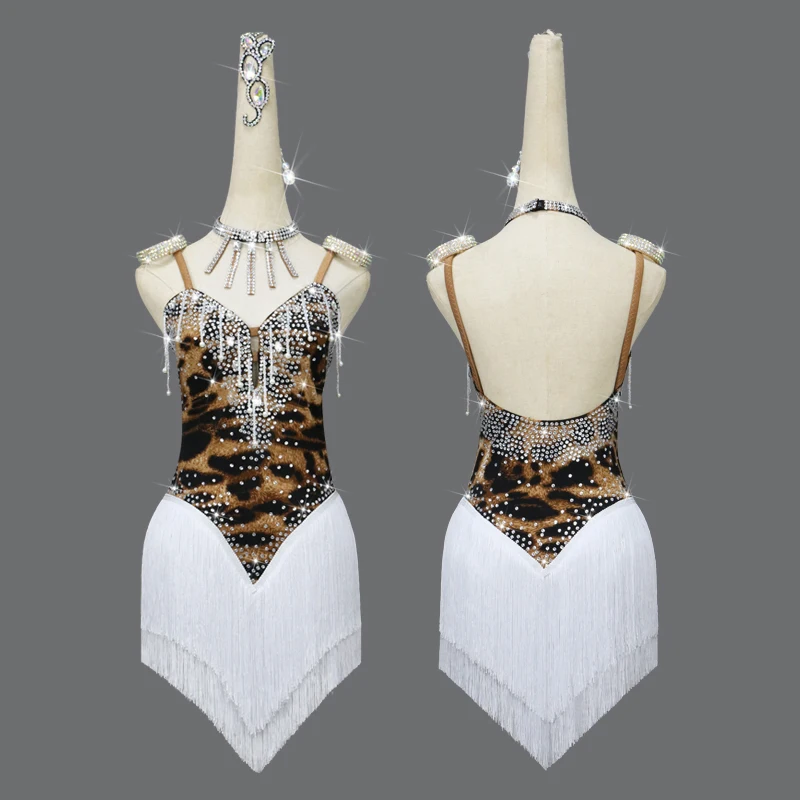 

New Latin dance skirt competition skirt performance Skirt Adult custom Leopard print sexy dance skirt V collar dress