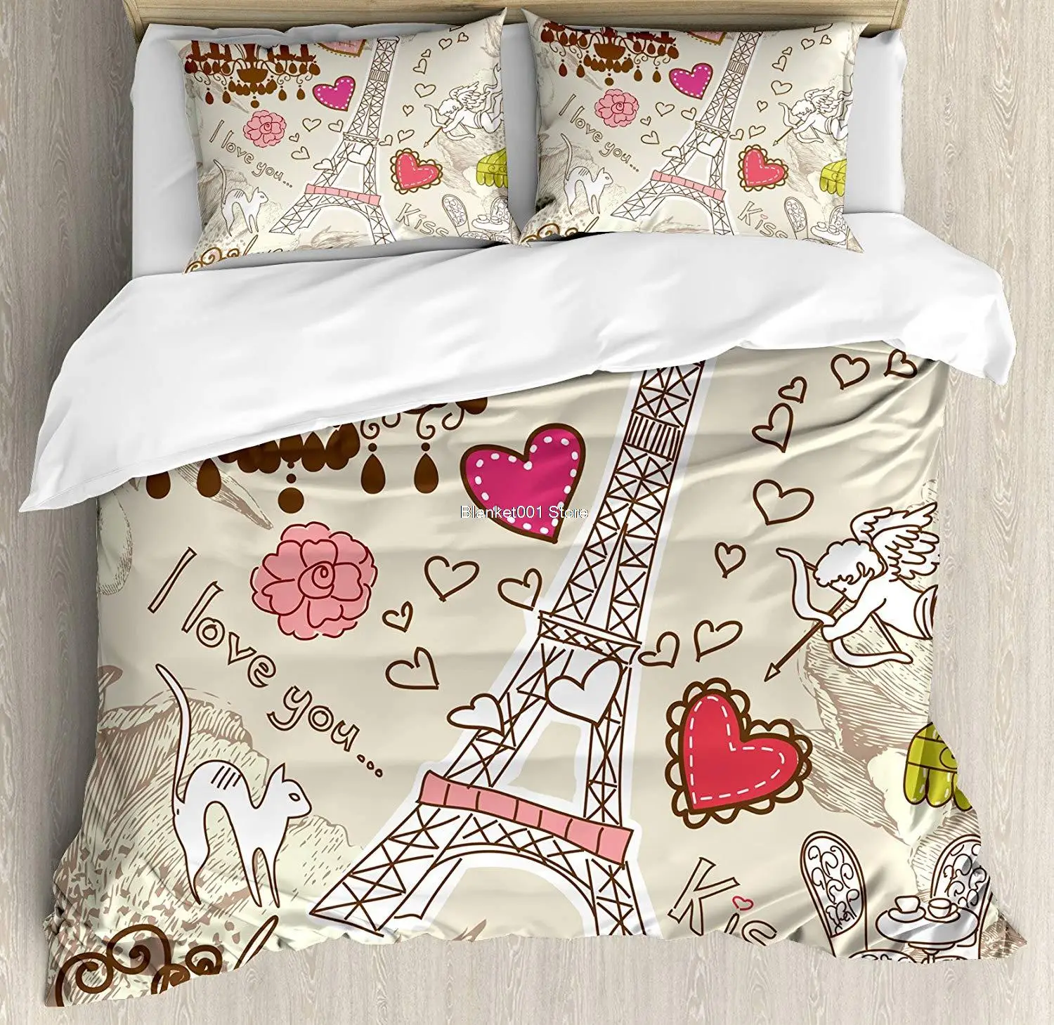 

Paris Duvet Cover Set Doodles Illustration of Eiffel Tower Hearts Chandelier Flower Love Themed Vintage Decorative 3 Piece Bed