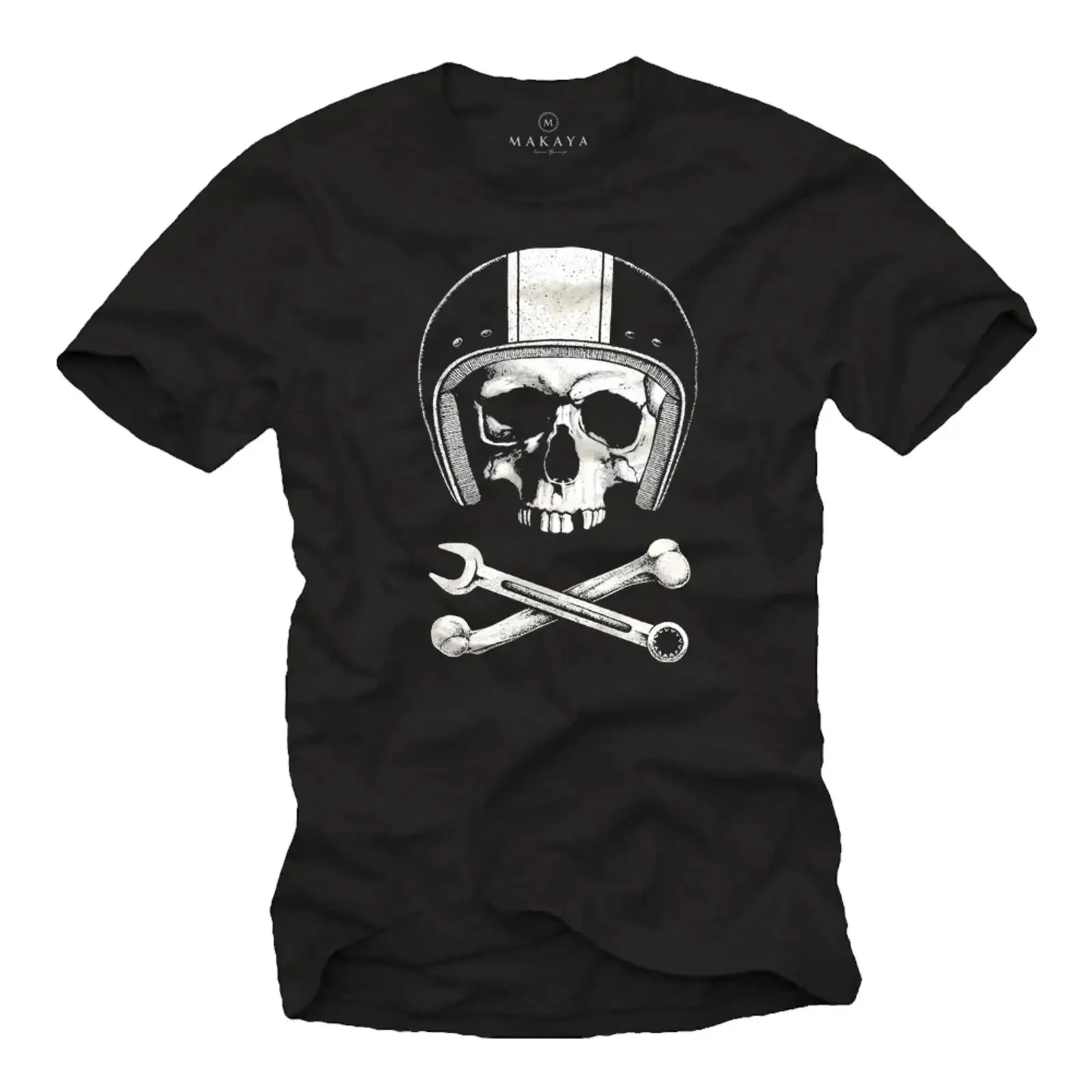 GARAGE MEN MOTORCYCLE T SHIRT WITH SKULL HELMET SHORTSLEEVE WRENCH BIKER TEE vintage Washed designer clothes Slightly Stretched