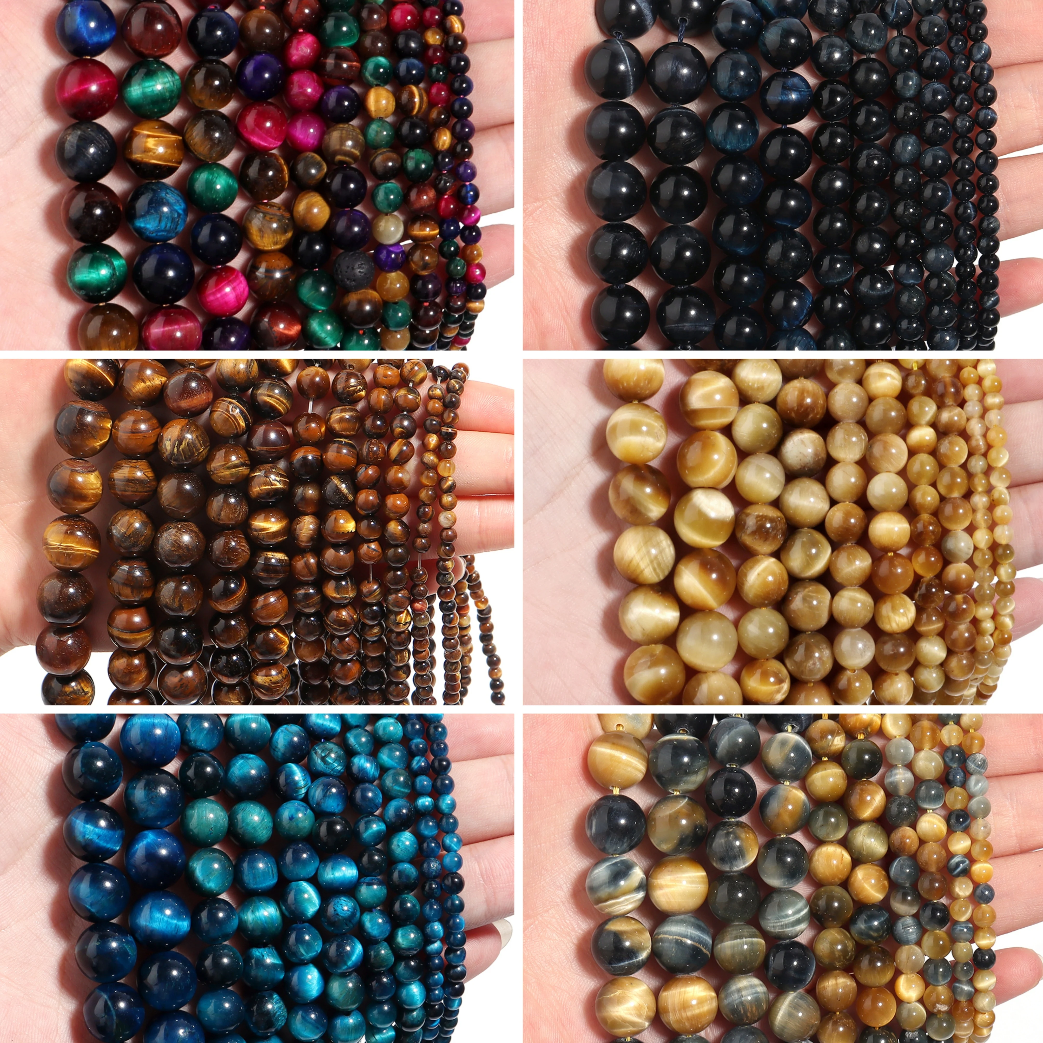 1 Strang natürliche Tigerauge-Steinperlen, mehrfarbig, rund, lose Distanzperlen, 4–12 mm, für Schmuckherstellung, DIY-Armband-Zubehör