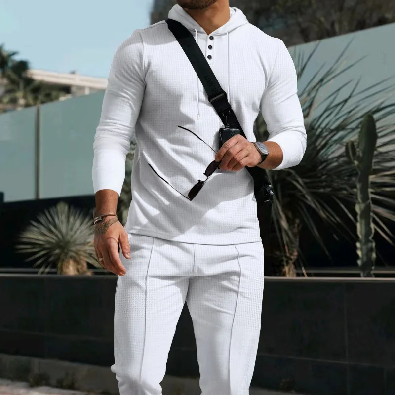 

New Men Leisure Set Walf Checks Fabric European and American Style Hooded Solid Color Long-Sleeved Top Two-Piece Trousers