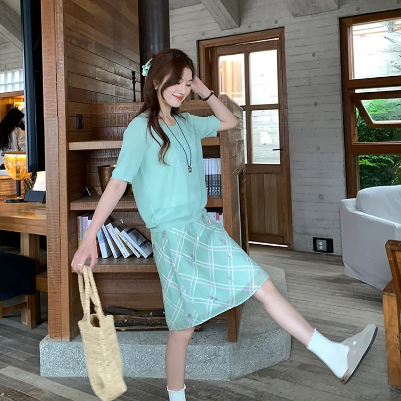 Chic Floral Plaid A-Line  Skirt Korean Style Retro Mid-Century Feel Summer New Arrival Women's Casual Polyester Fiber