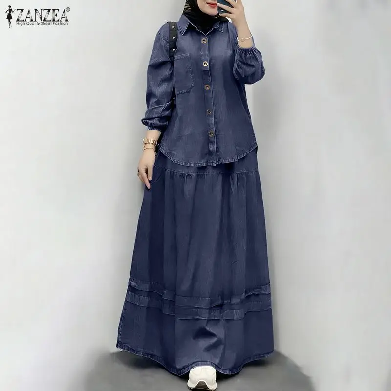 

Костюм ZANZEA для мусульманок: рубашка оверсайз с длинным рукавом и юбка макси с плиссировкой, комплект из 2 предметов, исламская одежда