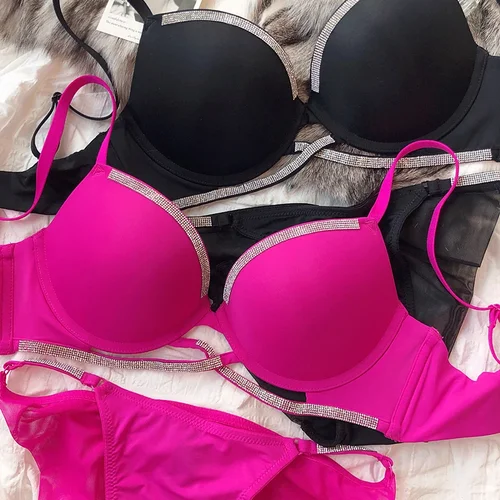 Conjunto de ropa interior Sexy de 2 piezas para mujer, sujetador hueco cruzado clásico, lencería con diamantes de imitación brillantes, conjunto de sujetador push-up con escote en V profundo