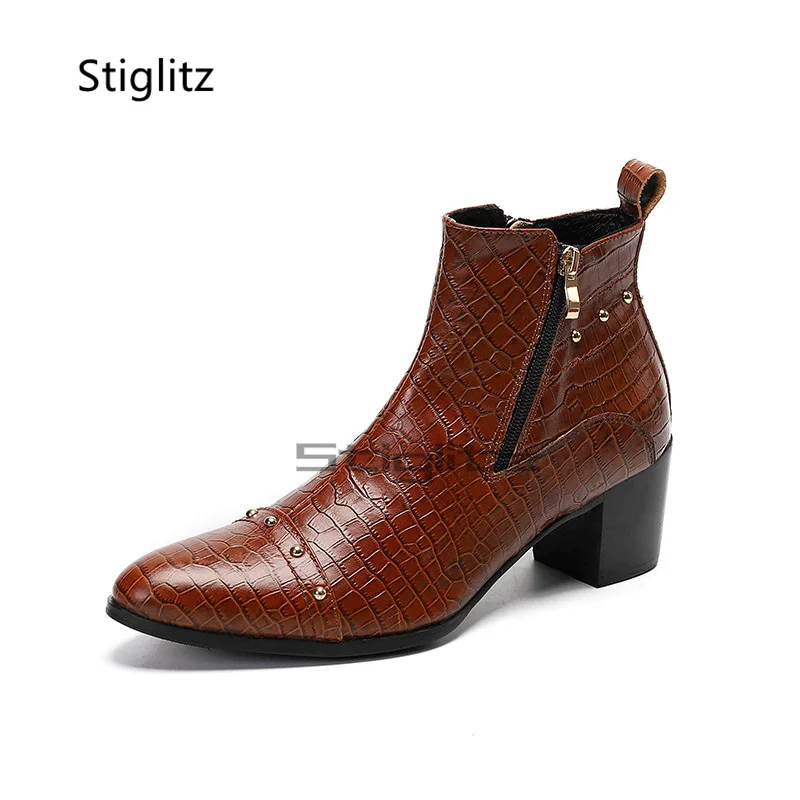 Retro High Heels Men's Ankle Boots Genuine Leather Rivets Chelsea Boots British Style Side Zip Handmade Office Dress Shoes